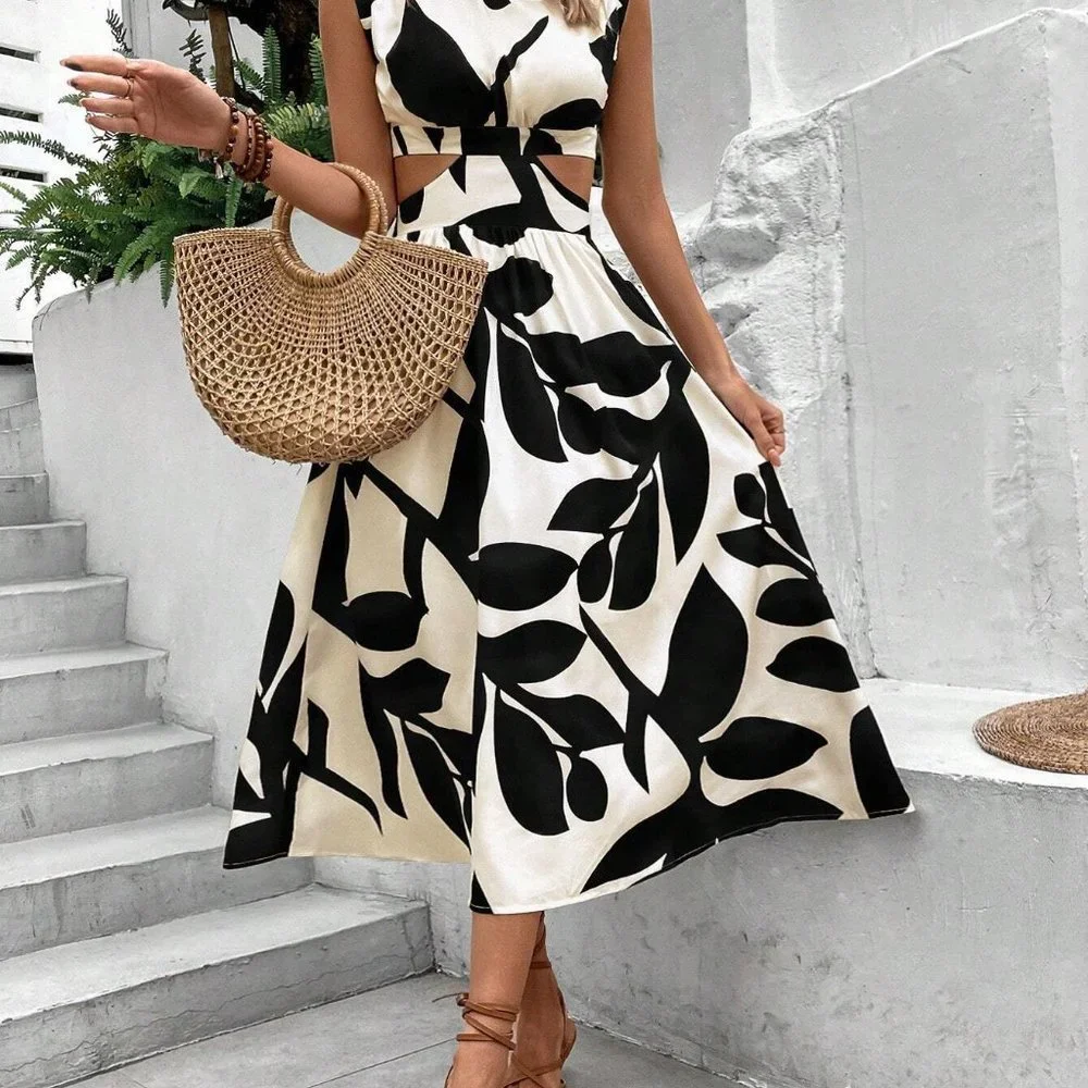 Black & White Boho Womens Leaf Print Cut Out Waist Dress - Picture 4 of 5